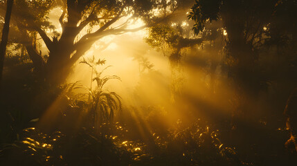 A jungle sunrise with golden light breaking through the canopy and illuminating the misty forest floor.