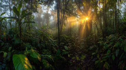 A jungle sunrise with golden light breaking through the canopy and illuminating the misty forest floor.