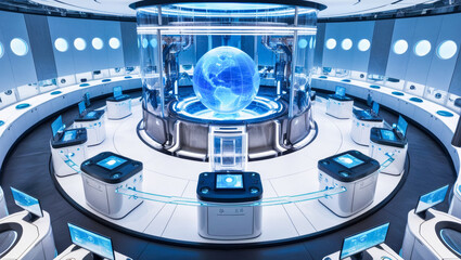 Blue futuristic high tech laboratory or control room
