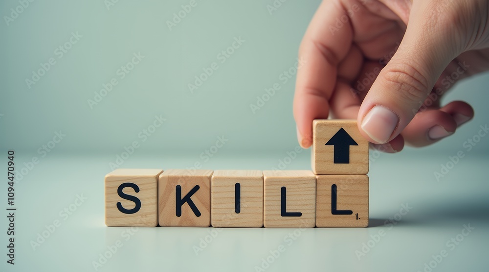 Poster Creative Representation of Upskilling with Arrow Up Icon and Wooden Cubes Highlighting Knowledge and Personal Development for Training