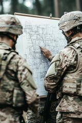 Soldiers reviewing tactical map outdoors.