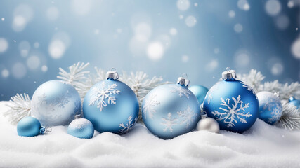 Fototapeta premium Generic atmospheric blue Christmas background with Christmas balls and snowflakes