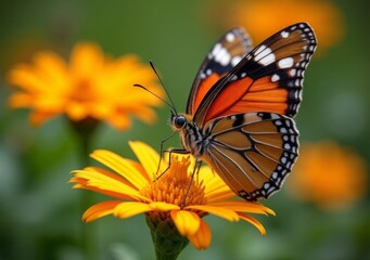 Fototapeta premium Butterfly resting on a daisy in a vibrant green garden during a sunny afternoon