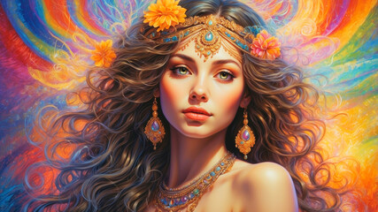 A radiantly glowing young woman with a serene smile, dream and meditation concept