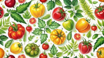 Vibrant Seamless Pattern of Colorful Tomatoes and Leaves on a Clean White Background for Fashion and Textile Design