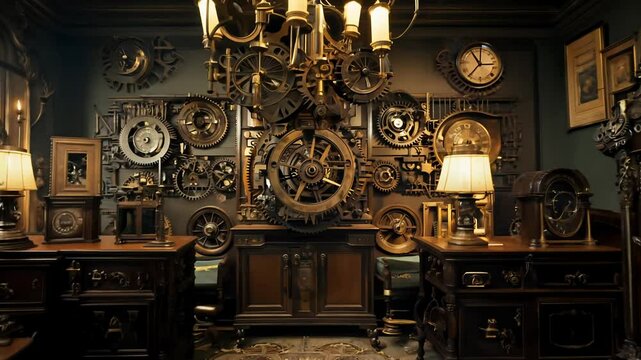 Camera slowly zooms out from a steampunk office with walls adorned with gears, cogs, and brass pipes. Three-point lighting highlights the metallic surfaces.
