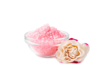 Sea salt for bath with rose aroma isolated on white background. Pink sea salt. Spa treatments. Natural salt with herbs and essential oils. skincare concept.