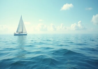 Obraz premium Calm sailing on a tranquil sea with a single sailboat gliding across mirrored waters
