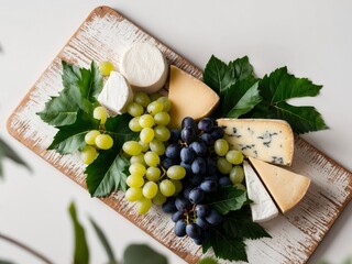 Delicious cheese and grapes on a rustic wooden board.