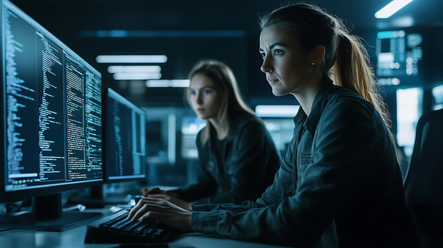 A female instructor helping a coworker debug code on their computer 