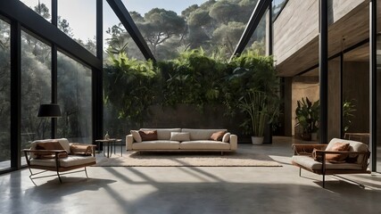 Fototapeta premium AI-generated Modern Luxury Office in Portugal-Spain Style, Blending Minimalism with Nature A Serene Workspace Featuring Natural Materials, Bold Accents, and Harmonious Design for Inspiring Stock Image