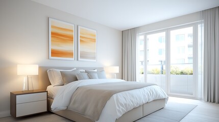Obraz premium Cozy bedroom retreat modern apartment interior design minimalist style bright atmosphere