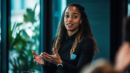 A female leader moderating a Q&A session after a tech presentation 