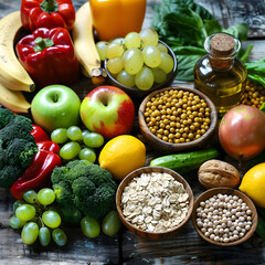 Variety of Fresh, Ripe and Healthy Foods Displayed on a Rustic Wooden Table