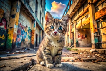 Obraz premium Urban Exploration Photography: Cute Portrait of a Kitten Surrounded by Graffiti and Abandoned Buildings for Pet Lovers and Animal Enthusiasts