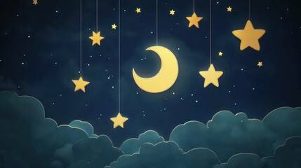 Fototapeta premium A magical paper-cut night sky filled with shooting stars and a glowing moon, representing limitless possibilities.