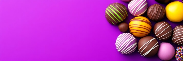Obraz premium Purple background with a bunch of chocolate covered balls. The balls are of different colors and sizes