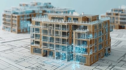 3d architectural model over blueprints showcasing modern building information modeling technology