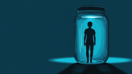 Person Trapped Inside Glass Jar in Minimalist Art Style