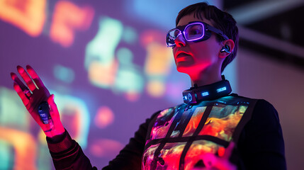 A female tech expert conducting a live demonstration of wearable technology 