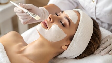 Naklejka premium Young caucasian female receiving facial treatment in spa setting