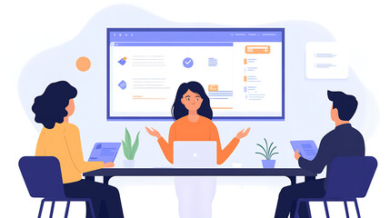 A woman answering questions about software updates during a company meeting 