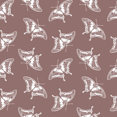 White butterflies on dark seamless pattern in ink. Hand drawn vector illustration in graphic style. For textile, fabric, covers, packaging, wallpaper.