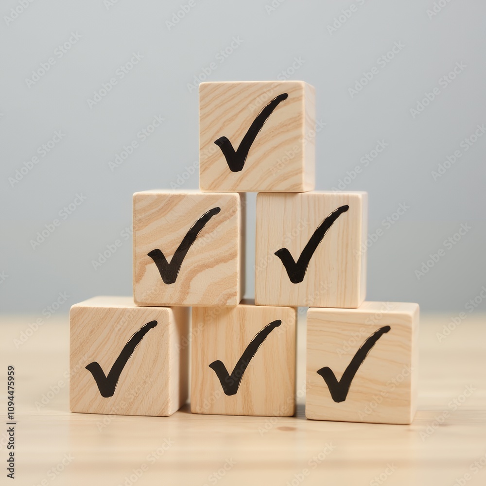 Poster Check Mark Icons for Job Lists on Wooden Blocks to Enhance Task Management and Quality Control in Business Success