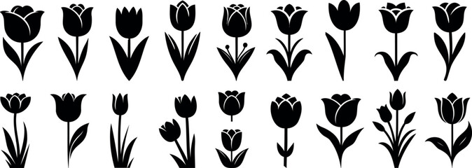 Tulip flower silhouette vector. Minimalist black floral icons . Perfect tulip flowers set for designs, patterns, logos, and floral themed decor