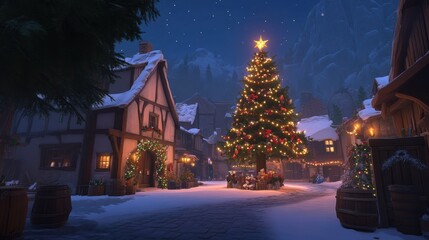 Fototapeta premium A magical snowy village square illuminated by twinkling Christmas lights, with a decorated tree at the center.