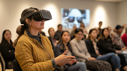 A woman demonstrating a virtual reality headset to an engaged audience 