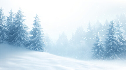 Fototapeta premium Frosty winter background with snow-covered pine trees and blurred lights, perfect for Christmas, New Year, or holiday greeting card and banner designs.