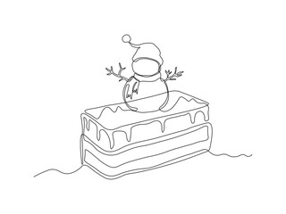 Christmas cake with snowman, dessert. continuous single line art drawing sketch, logo