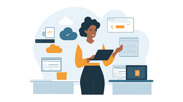 A woman explaining cloud storage options to her team in a corporate setting 