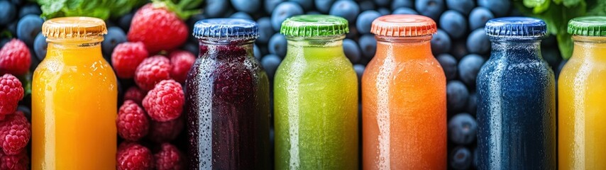Colorful array of fresh fruit juices in bottles, surrounded by vibrant berries. Perfect for health and wellness themes.