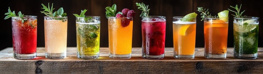 Colorful cocktails beautifully arranged in glasses, garnished with fresh herbs and fruits, perfect for summer gatherings.