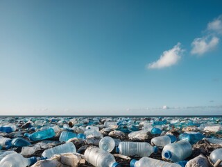 A polluted ocean scene filled with plastic bottles and debris.