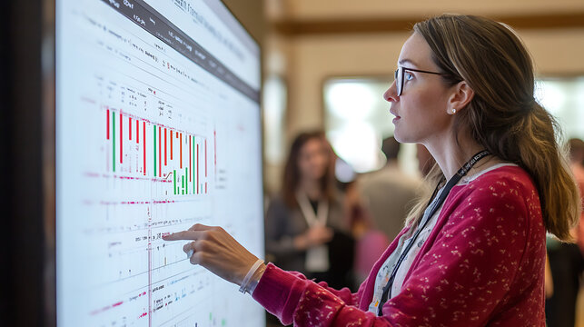 A woman explaining data flow on a large monitor during a brainstorming session 