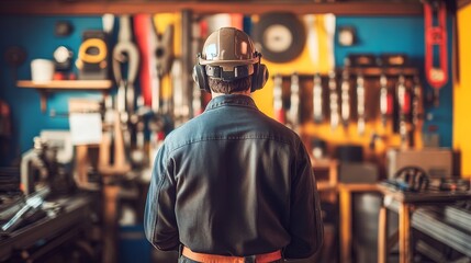 Obraz premium A Man in a Hardhat Standing in a Workshop
