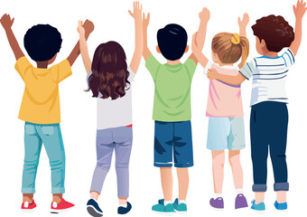 Children raising hands together showing unity and teamwork