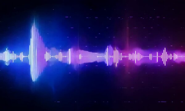 Abstract colorful audio waves with a digital glitch effect on a dark background.