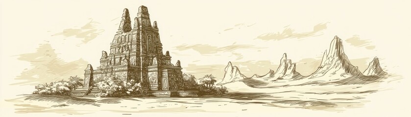 A sketch of a temple-like structure set against a mountainous landscape.