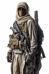 Fototapeta premium Armed soldier, desert camouflage, heavy gear.