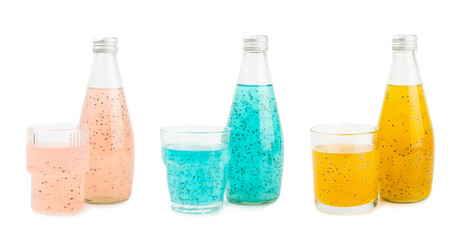 Diet detox cocktail with basil and chia seeds in glass jar and glass isolated on white background....