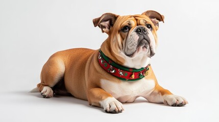 Obraz premium Adorable English Bulldog Relaxing Gracefully on a White Background with Festive Collar, Showcasing Its Charming Expressions and Friendly Nature