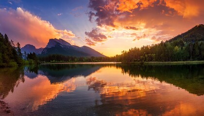 Fototapeta premium Golden Hour Over Serene Mountain Lake with Vibrant Reflections and Dramatic Sky