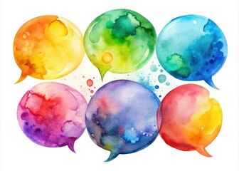 Set of Six Colorful Watercolor Speech Bubbles for Creative Design and Communication, Perfect for Graphic Projects, Social Media, and Visual Storytelling