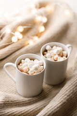 Cups of delicious hot chocolate and artisanal gift box