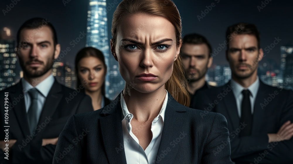 Poster a woman with a serious expression stands in front of a group of men in suits