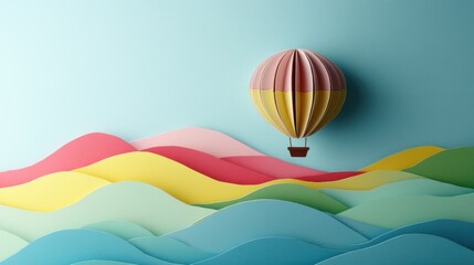 Obraz premium A paper-cut hot air balloon rising above vibrant landscapes, symbolizing courage and limitless horizons.